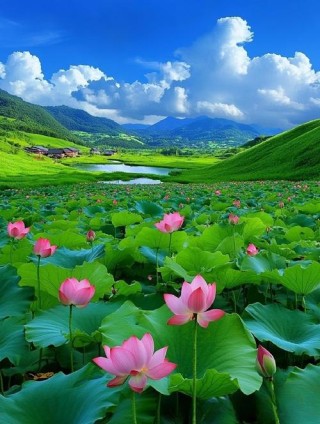 荷塘千里绿映红，荷花盛开永相伴