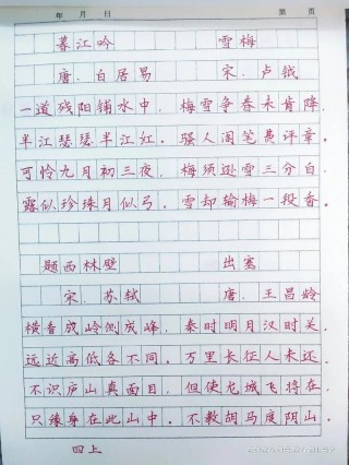 抄写在本子上的古诗句子