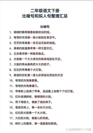 小学写作常用拟人、比喻、排比、夸张句汇总，期末复习必备